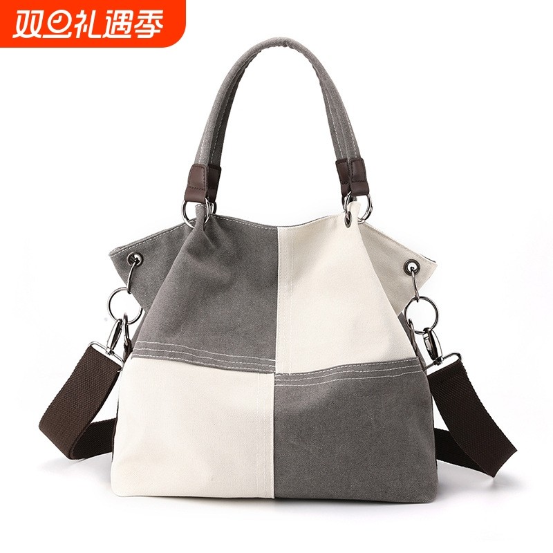 休闲女士帆布包时尚百搭手提斜挎包2025潮流新款拼接撞色单肩女包