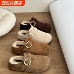 森系厚底内增高勃肯鞋女外穿百搭加绒保暖毛毛包头半拖鞋毛绒米色