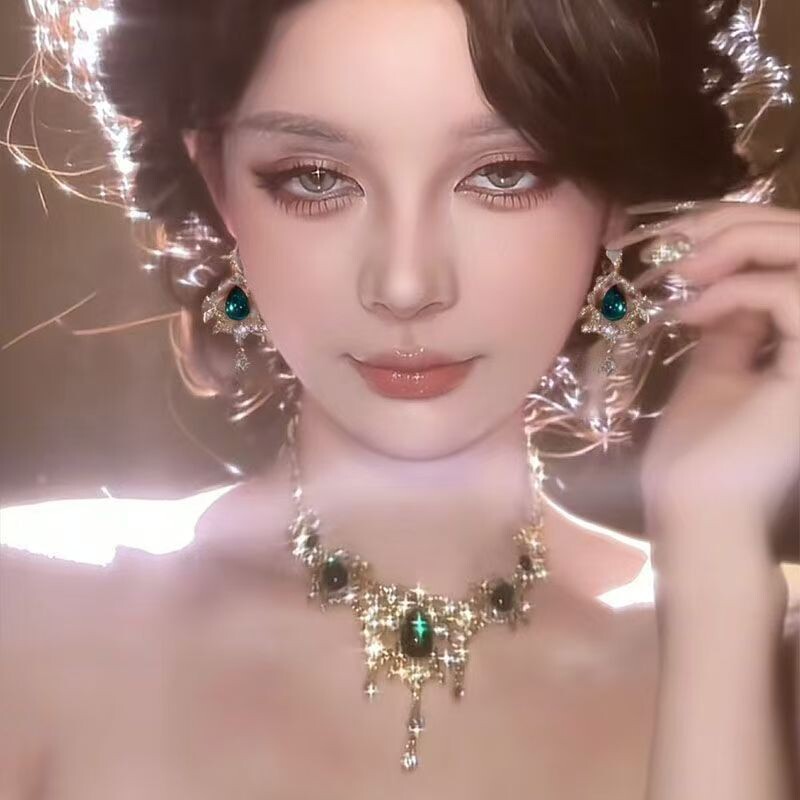 金枝绿叶~重工镶钻水滴项链女复古宫廷风气质宴会锁骨链耳环配饰