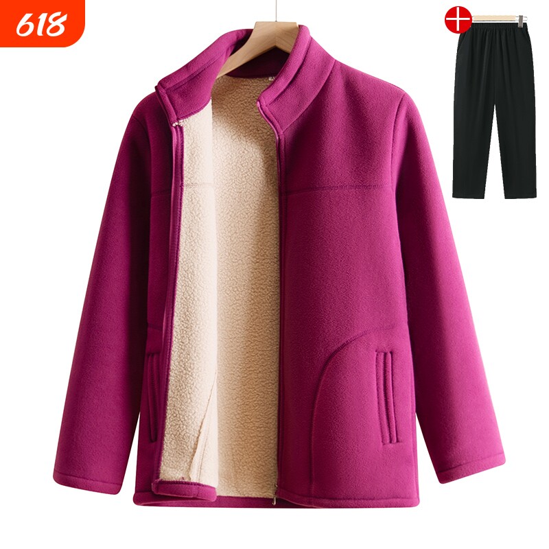 妈妈摇粒绒外套秋装加绒女装中老年人抓绒衣奶奶加厚上衣服秋冬款