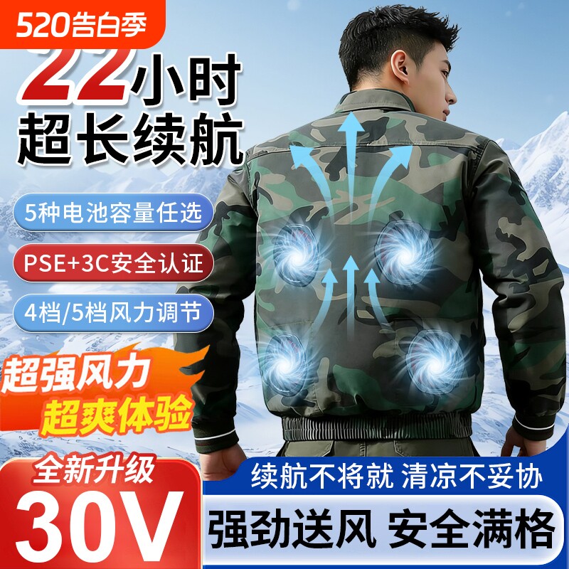 30V空调服迷彩风扇夹克男夏季降温工装风户外半导体制冷风扇外套