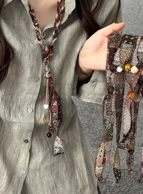 红咖腰果花圆环项链女2026秋季新款波西米亚风毛衣链配饰丝巾串珠