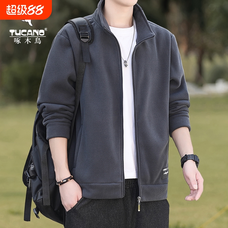 啄木鸟摇粒绒男士外套春秋冬户外运动夹克休闲卫衣大码立领抓绒衣