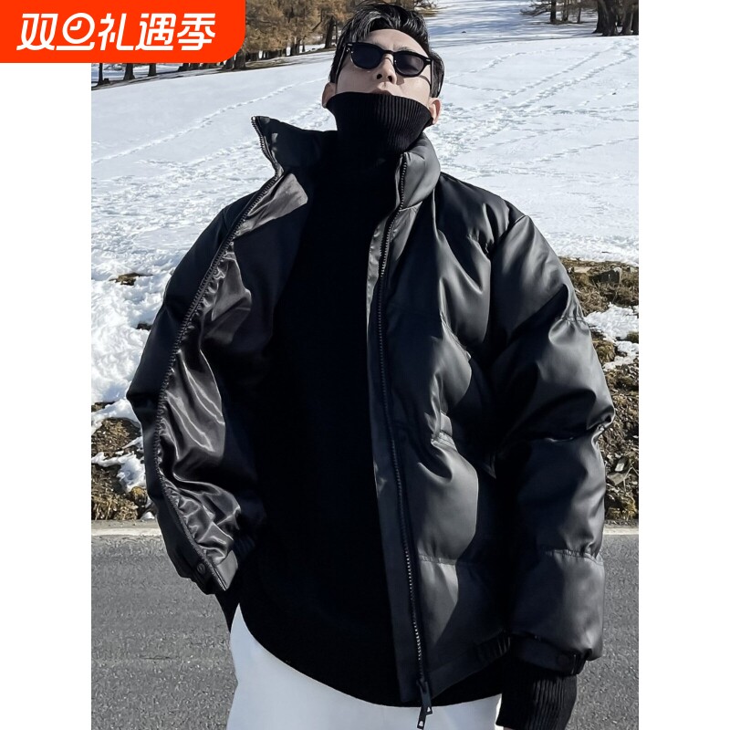 户外韩版ins潮牌立领PU皮羽绒棉服男冬季保暖宽松面包服痞帅高端