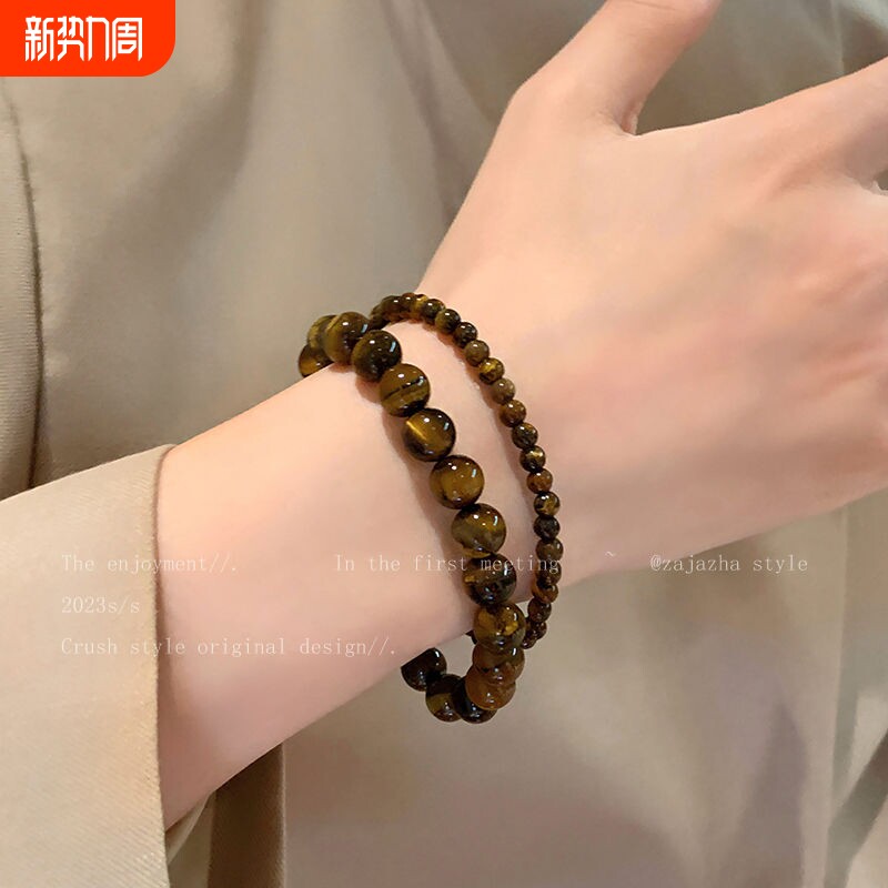 财神虎眼石手串女纯天然三面金黄招财手链男款情侣礼物纯银手工