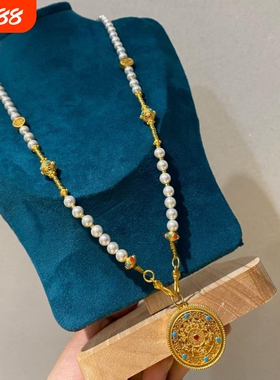 花丝古法金五福圆盘长款白色贝珠项链毛衣链新中式汉服配饰女珠链