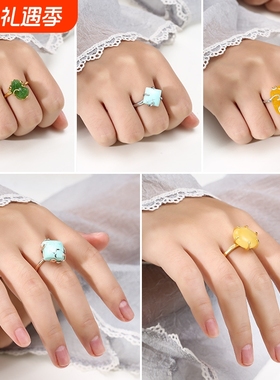 S925纯银戒指空托女18k金色diy蜜蜡琥珀松石貔貅戒托空托随形戒托