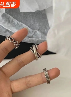 ions shop 交叉不规则几何做旧戒指食指男开口戒机能嘻哈