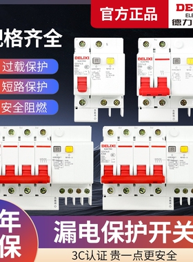 德力西空气开关带漏电保护器63a家用断路器220v空开2p漏保32a三相