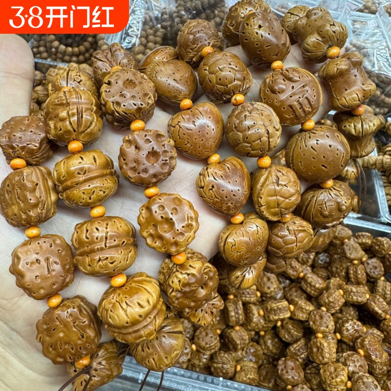 桃核雕刻猫头五角星招财猫蜜罐M豆饼干手串手持手链老油核文檀木