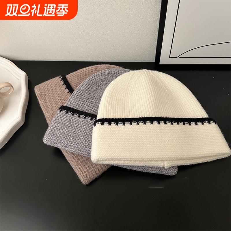 简约学院百搭撞色细织拼色毛线帽女秋冬显脸小针织帽保暖包头冷帽