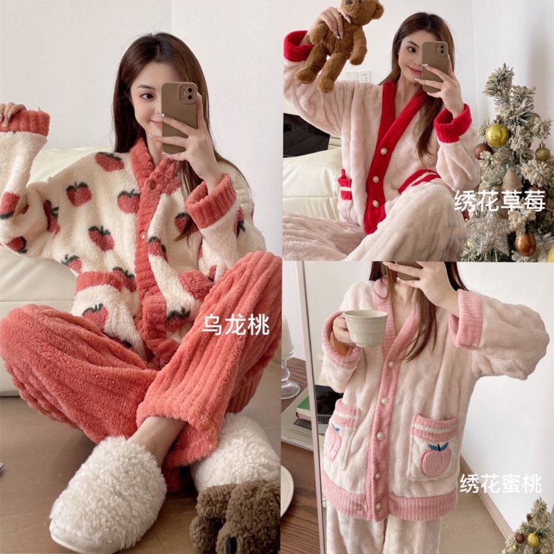 睡衣女双面法兰绒睡衣套装加绒加厚珊瑚绒两件套外穿家居服A102