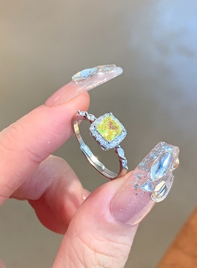 黄钻小方糖戒指女开口指环锆石满钻女小众高级感轻奢尾戒粉钻