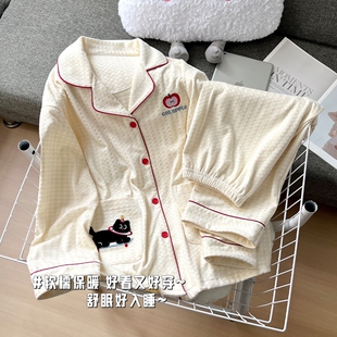 女款 开衫 保暖德绒大码 小黑猫女士长袖 薄绒家居服 套装 睡衣春秋季