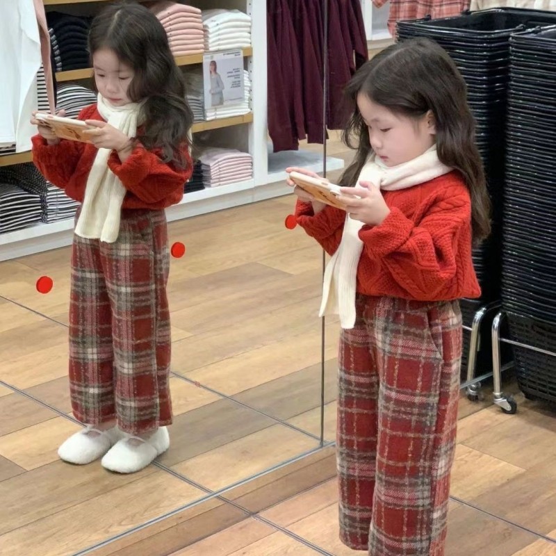 2025新款儿童新年女童圣诞套装红色毛衣加厚格子长裤两件套秋冬季