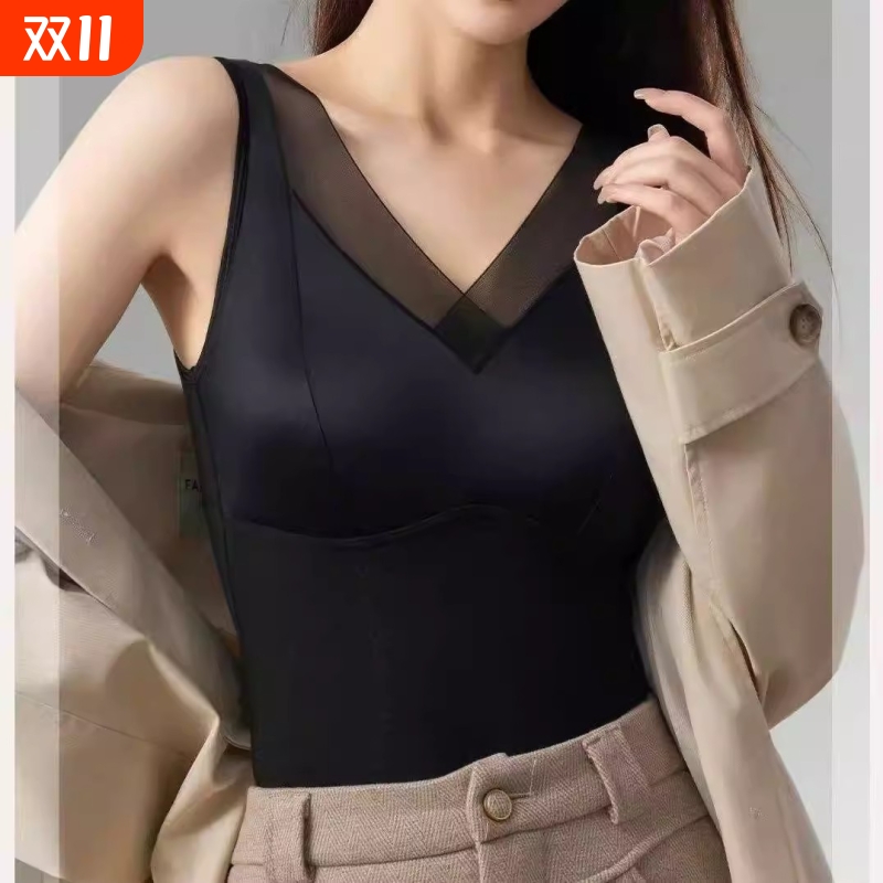 欧若风网纱拼接缎面背心无痕美背春秋背心纯色聚拢奢华上衣百搭