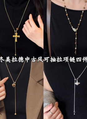 美神降临~金色中古十字架项链女款2025新款小众精致高级感毛衣链
