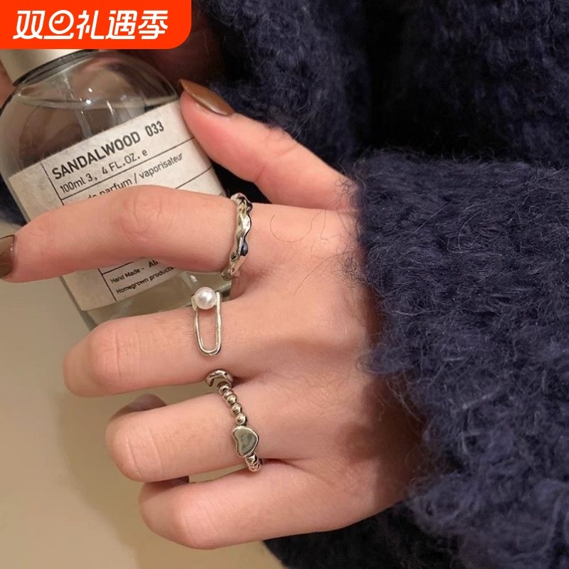 小众珍珠双层ins冷淡戒指设计高级不规则爱心时尚食指指环个性