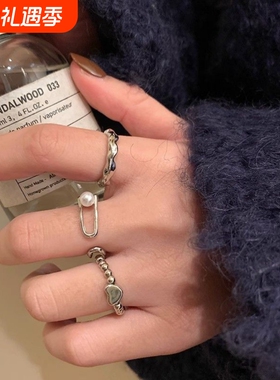 小众珍珠双层ins冷淡戒指设计高级不规则爱心时尚食指指环个性