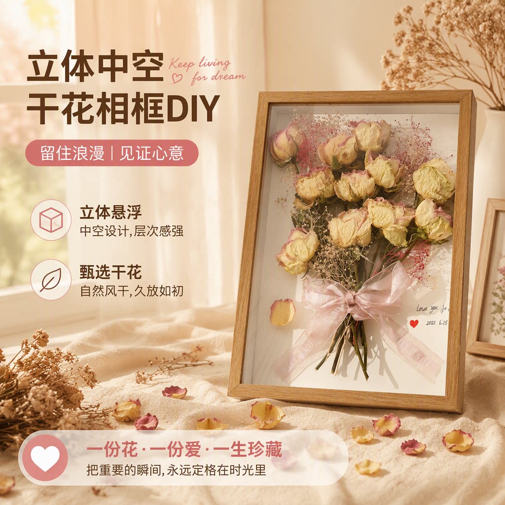 中空干花相框diy摆台蝴蝶永生花标本手工画框展示框玻璃鲜花立体