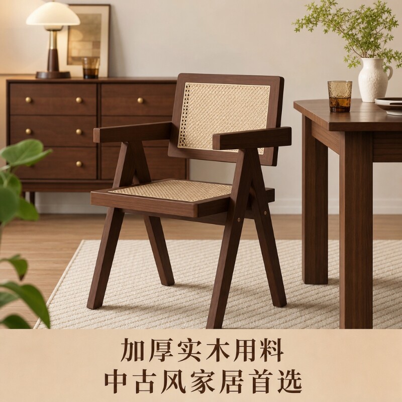 富品百亿实木编藤中古风休闲餐椅图片
