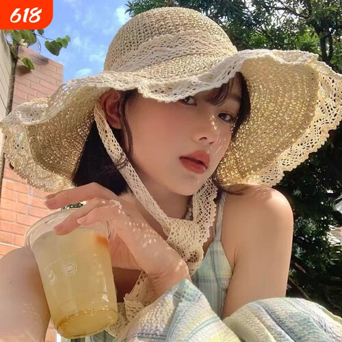 草帽女帽子海边镂空2025新款夏透气蕾丝花边防晒防晒帽遮阳帽大檐