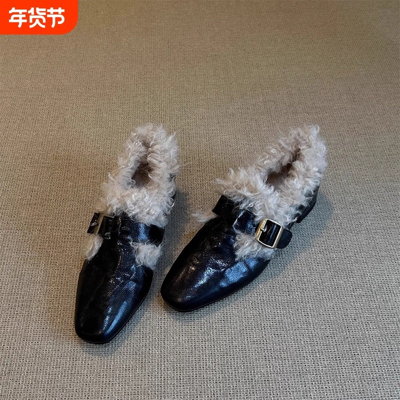 英伦风加绒毛毛乐福鞋女2026秋冬新款皮带扣尖头单鞋保暖豆豆鞋,女鞋,乐福鞋（豆豆鞋）,淘宝优惠券,粉丝福利购,淘宝优惠卷