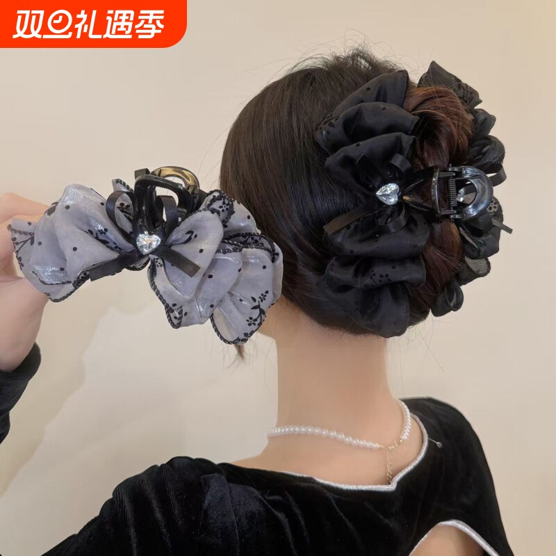 优雅高级灰蝴蝶欧根纱花苞大号抓夹轻奢后脑勺鲨鱼发卡女气质发饰