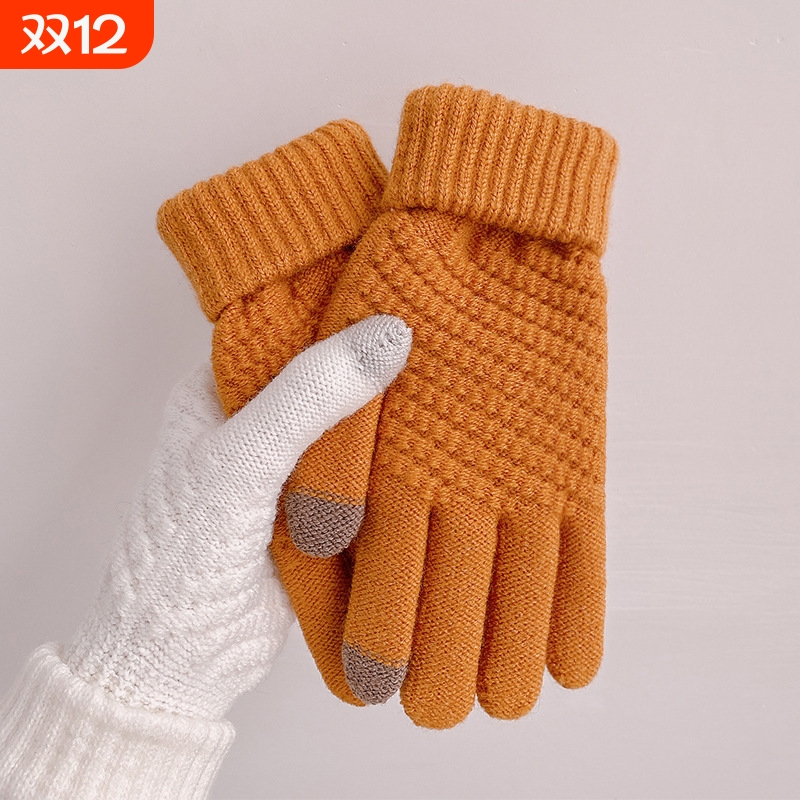 冬季新款仿羊绒触屏针织提花时尚加绒加厚毛线手套双层新型手指