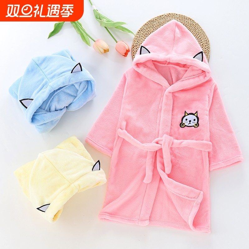 2025新款男女童睡袍中小儿童睡衣珊瑚绒连帽动物浴袍