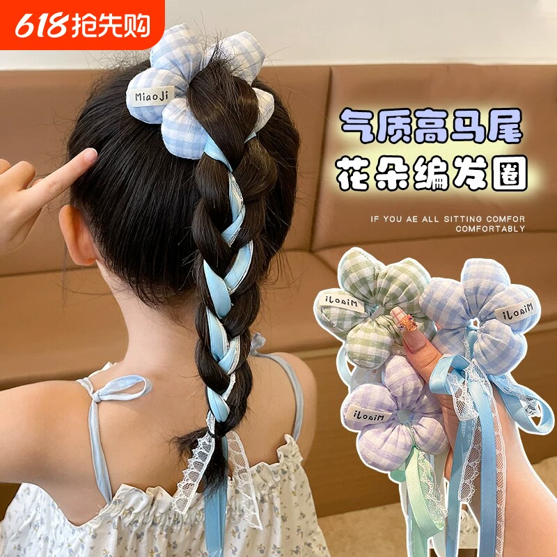 儿童红色飘带大肠发圈女童发绳头花宝宝皮筋发饰品绿色蓝色丸子头