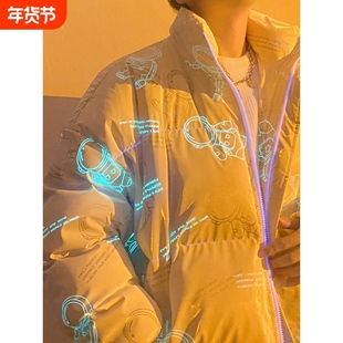 户外夜光宇航员羽绒服男加大码情侣装面包服潮牌加厚冬季保暖ins