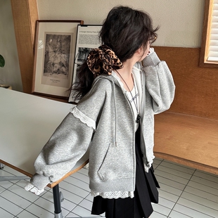 女童蕾丝外套儿童韩系穿搭夹克衫2025春秋女孩甜美开衫连帽衫褂子