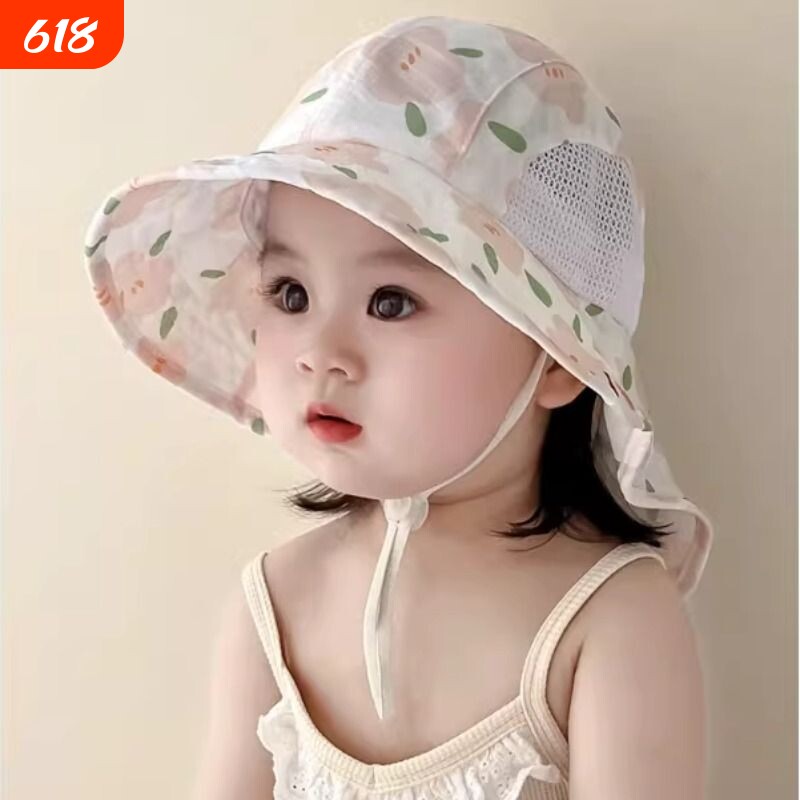 宝宝防晒帽子夏季薄款时尚大檐婴儿太阳渔夫帽女童网眼披肩遮阳帽
