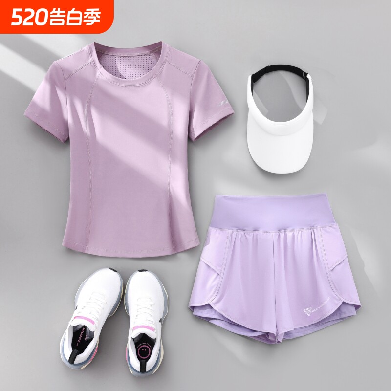 跑步运动套装女夏季薄款短袖显瘦瑜伽服后口袋放手机晨跑健身衣服
