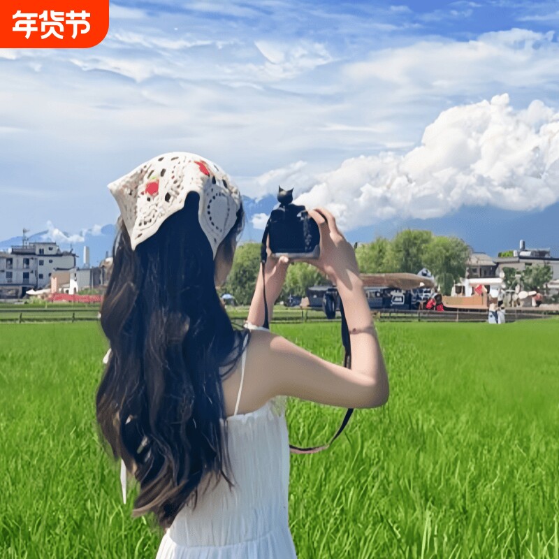 复古针织头巾手工多巴胺三角巾海边出游甜美可爱钩花田园风女头饰