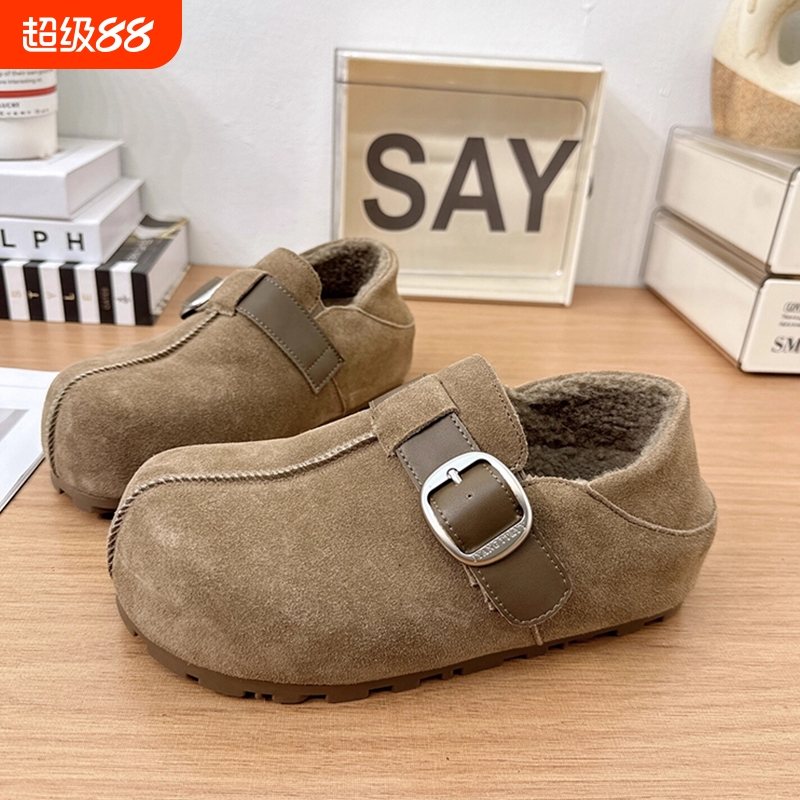 厚底增高加绒勃肯鞋女2025秋冬新款一脚蹬保暖穆勒鞋棉鞋单鞋咖色