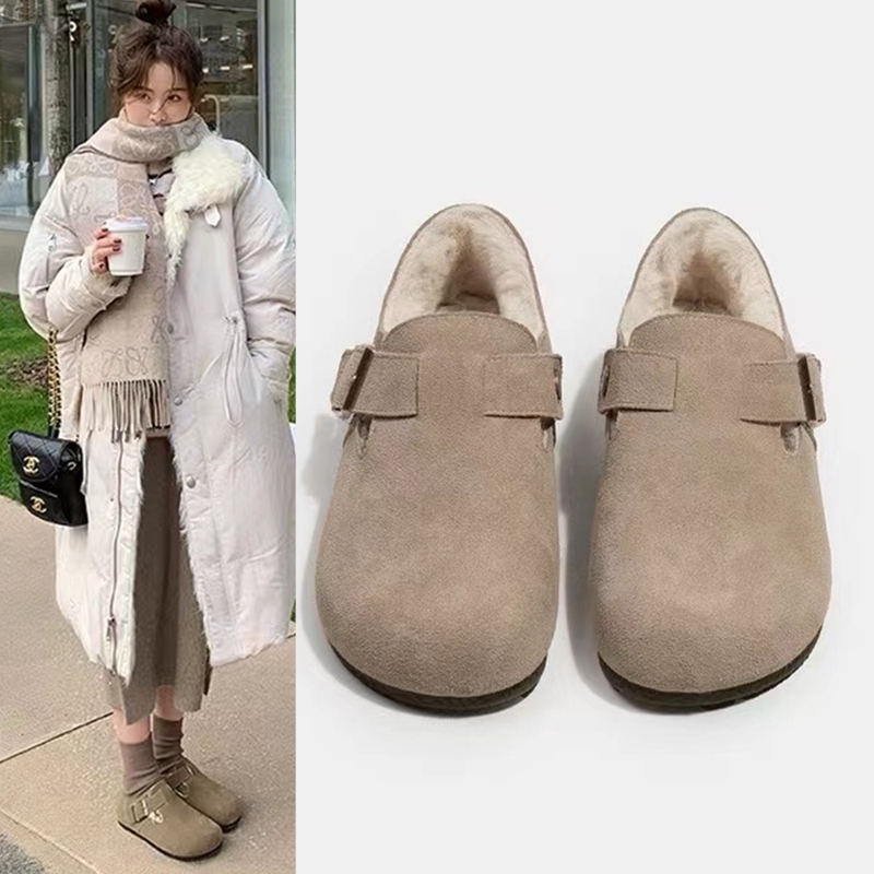 毛毛全包加绒勃肯鞋女2025秋冬新款平底懒人一脚蹬豆豆棉鞋子博肯