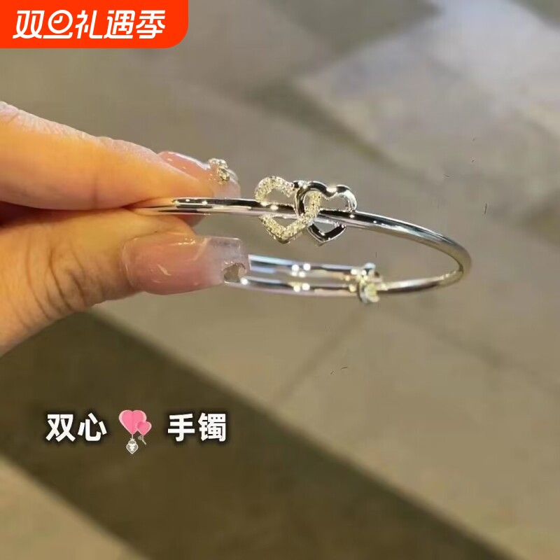 新款心心相印银色手镯女开口可调节送闺蜜手镯手环首饰生日礼物