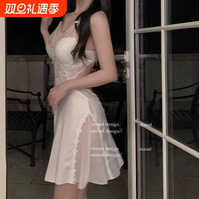 浮生若梦夏季吊带蕾丝蝴蝶结薄款睡衣网纱显瘦纯欲女睡裙