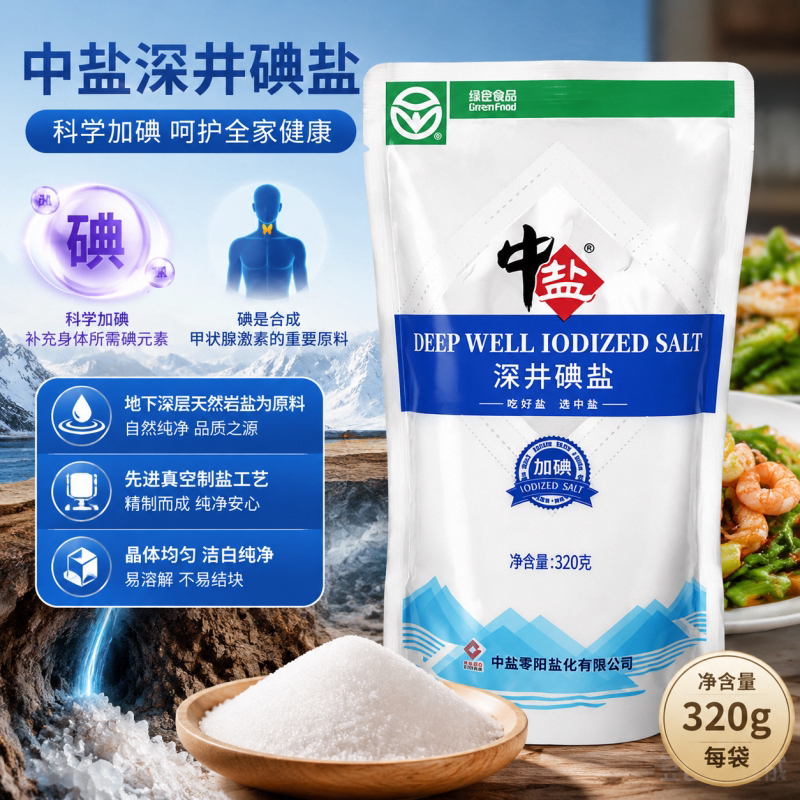 中盐绿色食品深井碘盐用调味品320g食用盐加碘井矿盐甲状腺精制盐