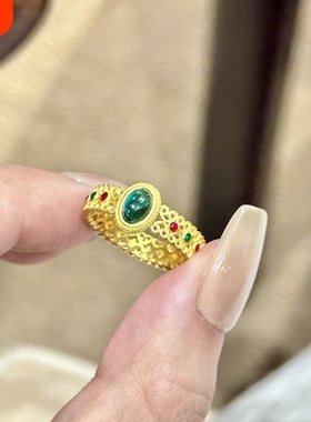 新中式金色富贵花丝蛋面戒指女时尚轻奢高级感镂空指环开口可调节