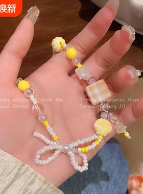 多巴胺黄色串珠蝴蝶结项链女甜美百搭小众设计锁骨链ins风配饰品