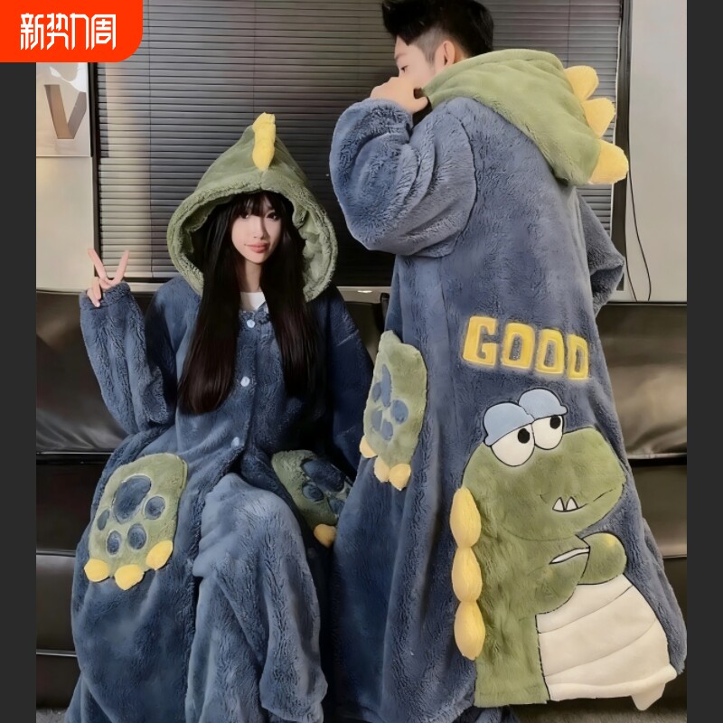 珊瑚绒高克重恐龙保暖加厚情侣款家居服2026新款卡通下雪也可外穿