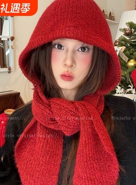 红色巴拉克法帽女款冬季保暖毛线针织一体帽子围巾氛围感护耳项链