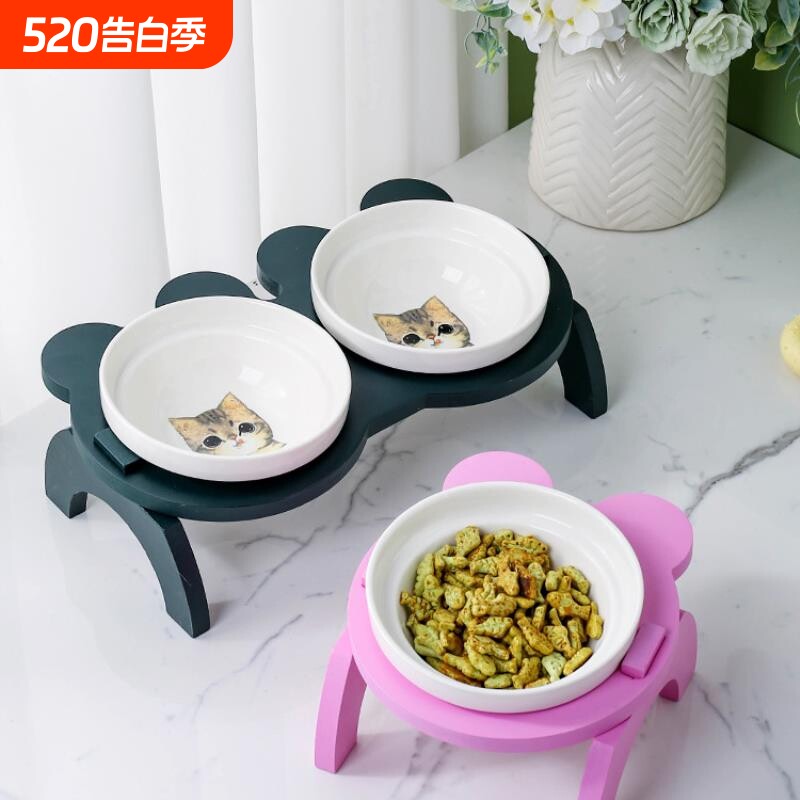 宠物碗猫碗狗碗高脚木架双碗卡通水碗出口批发外贸陶瓷造型喂食