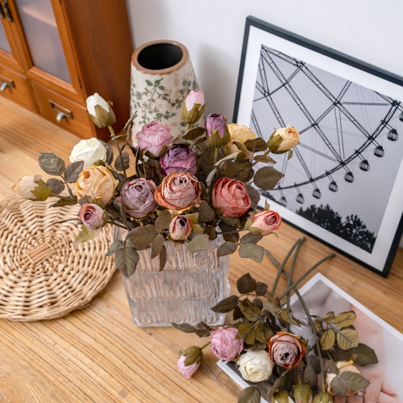 假花双头干枯夏烟玫瑰INS风仿真花家居装饰MW66014
