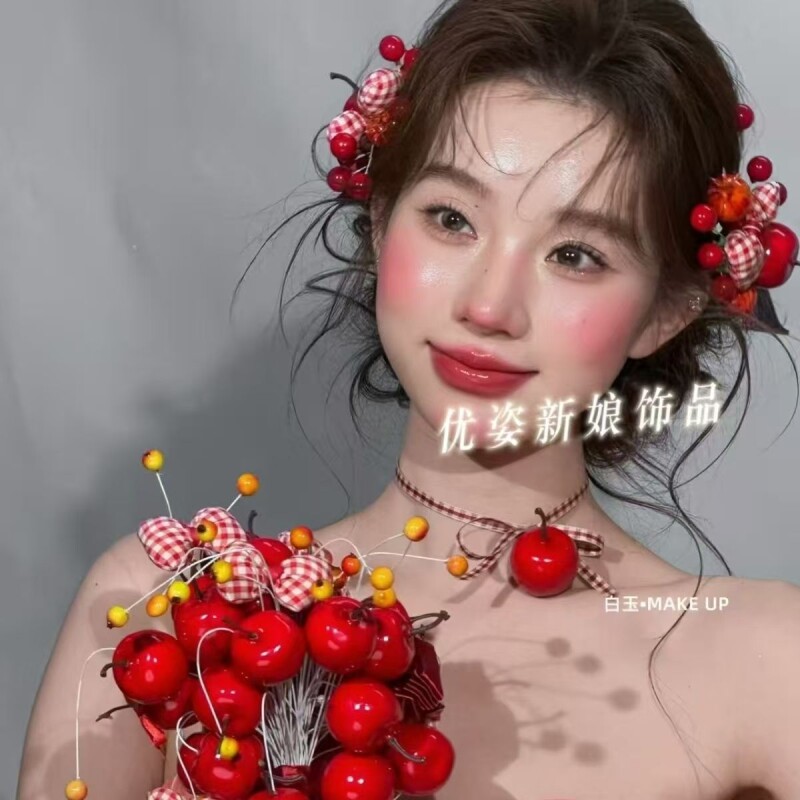 新娘新中式苹果石榴发夹新娘结婚订婚敬酒服甜美发饰头饰配饰