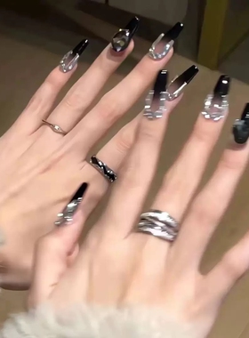 新年ins高级黑色渐变美甲穿戴纯手工甲片长款钻指甲贴片辣妹黑皮