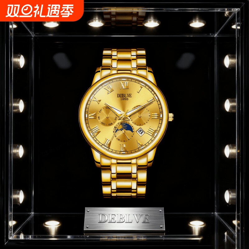 正品瑞士2024新款手表男士全自动机械风防水精钢带双日历男表夜光